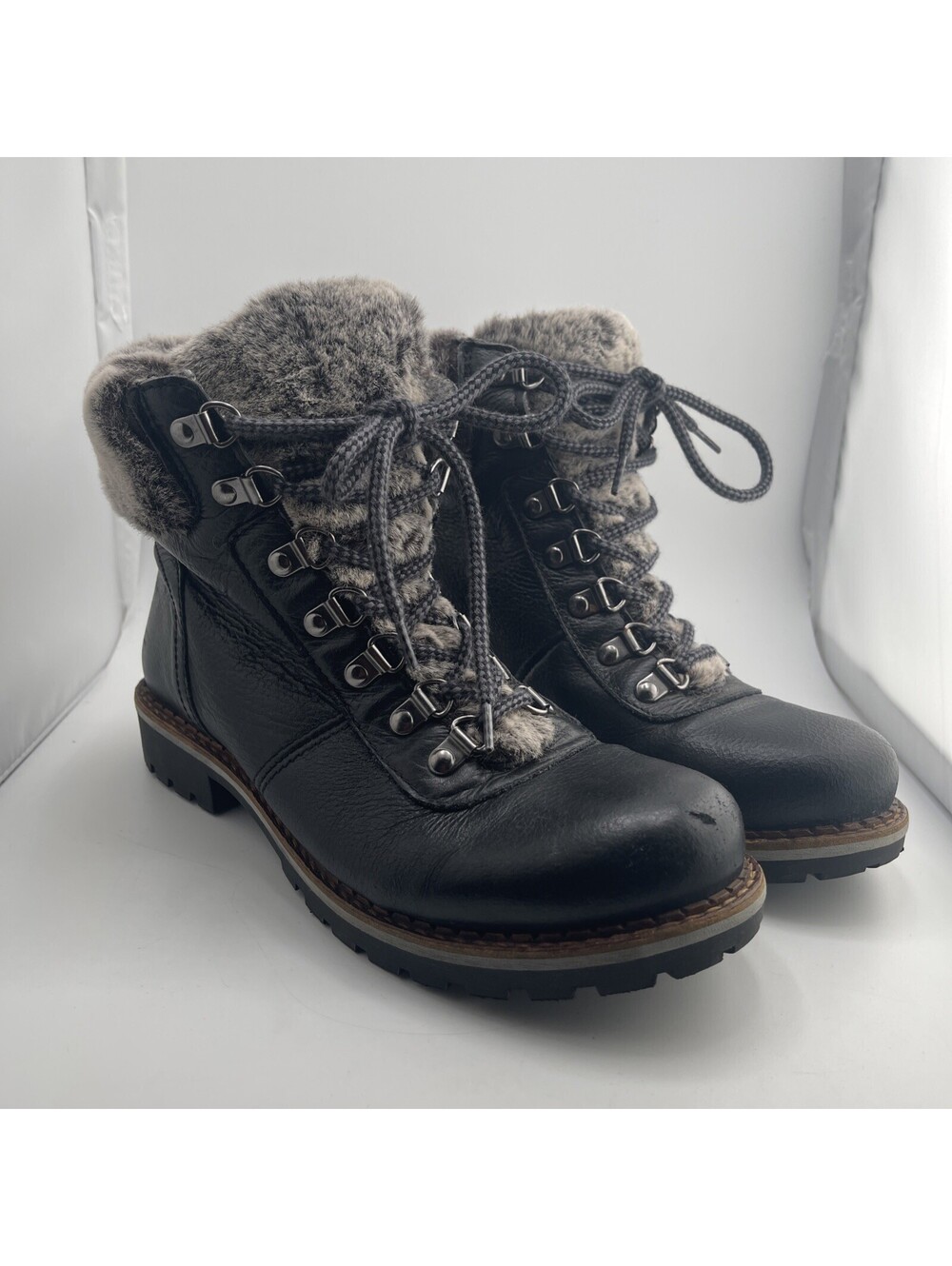 Avellini Women's Lace Up Combat Black Leather Faux Fur Lined Winter Boots Sz 38